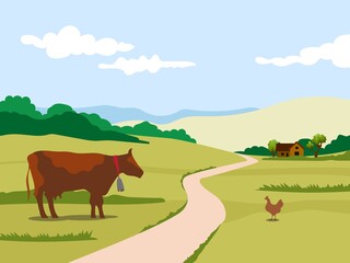 Beautiful landscape with a cow and a house illustration in flat style