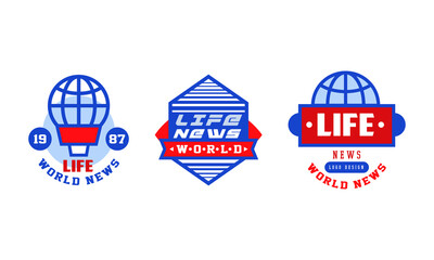 World Life News Logo Design Set, Breaking News, Social Mass Media Retro Emblems Vector Illustration