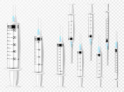 Set of medical plastic syringes of different sizes ,scope and purpose. Syringes for subcutaneous and intramuscular injections with a needle and a cap , realistic 3d vector illustration
