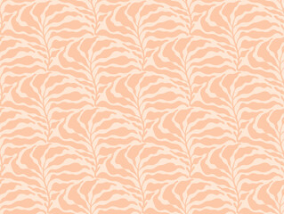 Minimalist boho seamless pattern with leaves in mid century style in an earthy palette. Modern abstract aesthetic background with trendy leaves for wallpaper, wrapping paper and design in beige.