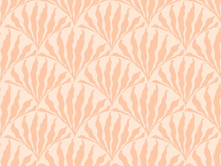 Minimalist boho seamless pattern with leaves in mid century style in an earthy palette. Modern abstract aesthetic background with trendy leaves for wallpaper, wrapping paper and design in beige.