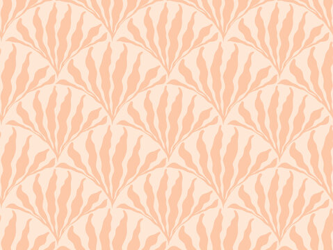 Minimalist boho seamless pattern with leaves in mid century style in an earthy palette. Modern abstract aesthetic background with trendy leaves for wallpaper, wrapping paper and design in beige.
