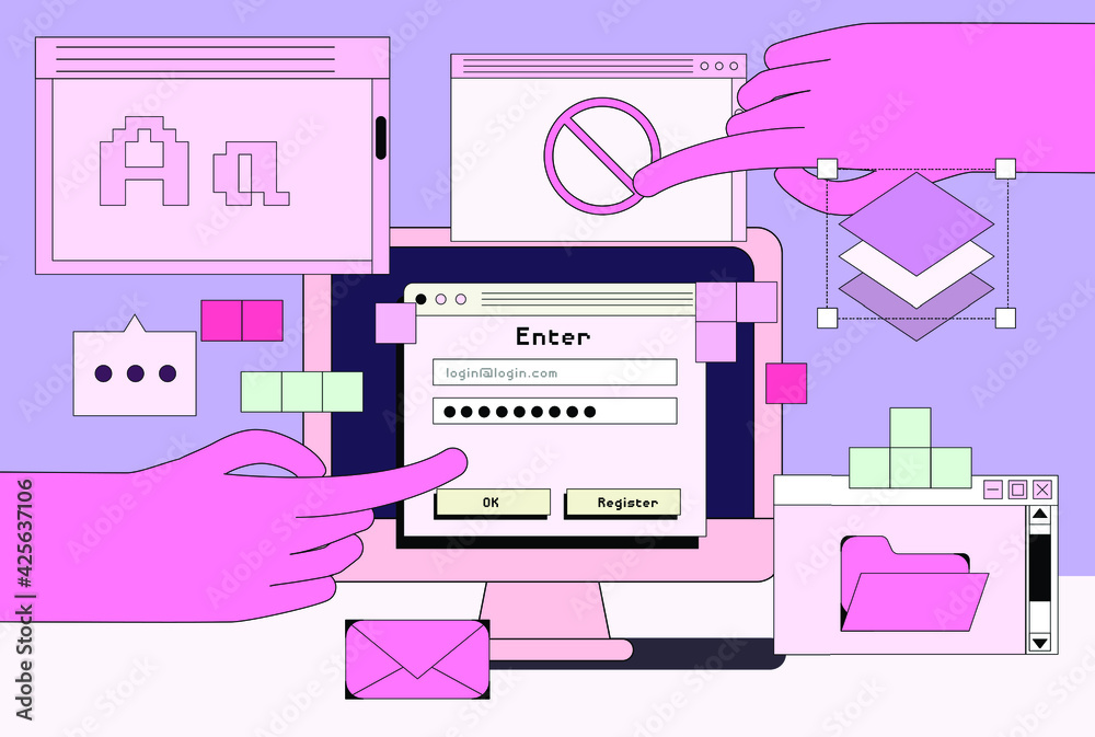 Leinwandbilder Computer screen with programs and applications. Conceptual flat vector illustration of UI and UX design and programming.