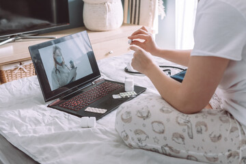 Naklejka premium Online Medical insurance. telemedicine, telehealth,patient enters into a contract policy for medical care online, remotely. Medicine online in coronavirus covid 19, lockdown, quarantine.vaccination