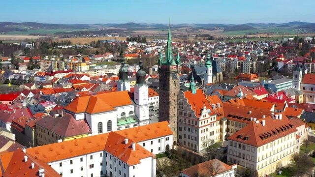 Aerial view to historic center of Klatovy town. Medieval city from 13th century. It has about 22,000 inhabitants. Amazing tourist destination near National park Sumava. Czech Republic, Central Europe.
