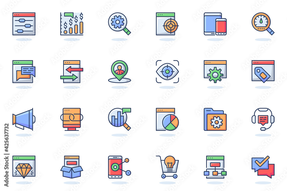 Poster seo optimization web flat line icon. bundle outline pictogram of settings, targeting, monitoring, se