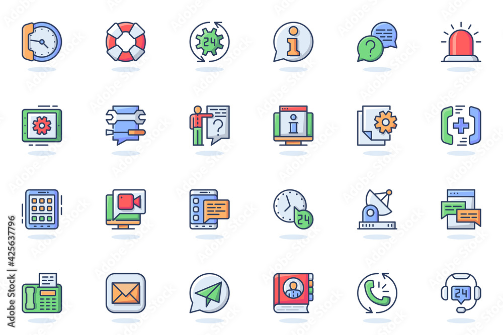 Aufkleber support services web flat line icon. bundle outline pictogram of help, faq, operator, hotline, consu