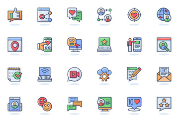 Social network web flat line icon. Bundle outline pictogram of profile page, link, content, post, like, follow, rating, mobile app, chat concept. Vector illustration of icons pack for website design