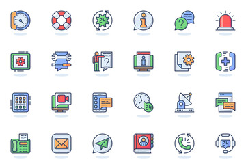 Support services web flat line icon. Bundle outline pictogram of help, faq, operator, hotline, consultation, online chat, phone assistant concept. Vector illustration of icons pack for website design