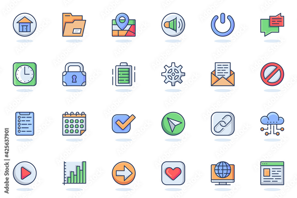 Poster User interface buttons web flat line icon. Bundle outline pictogram of home, location, message, clock, lock, charge, link, cloud storage concept. Vector illustration of icons pack for website design