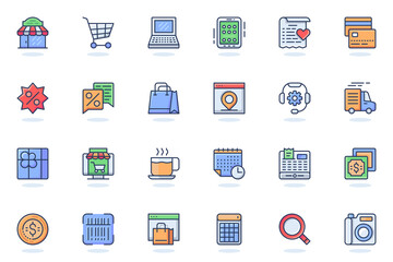 Fototapeta premium Shopping web flat line icon. Bundle outline pictogram of shop, supermarket, purchases, payment, discounts, product search, delivering concept. Vector illustration of icons pack for website design
