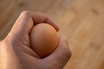 Woman's hands 'holding' an egg. Little desaturated in brown colour. Chicken egg in hand. Chicken yellow egg in hand