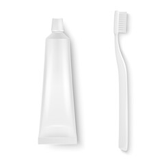 Vector 3d Realistic Plastic, Metal White Tooth Paste Tube and Tooth Brush Closeup Isolated on White Background. Design Template of Toothpaste and Toothbrush for Mockup. Top View