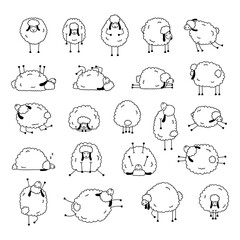Set of funny sheeps in different poses. Cute white sheeps with black ears.