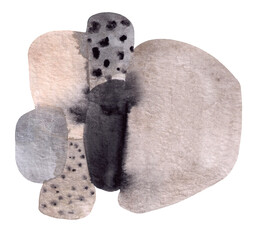 Hand drawn watercolor composition of gray and brown stains isolated on white background