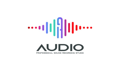 DJ Dance Party Logo, Recording Studio Emblem, Audio Wave and Light Dark Gradient Background