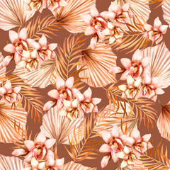 Watercolor seamless pattern with dried tropical leaves and veils in brown colors 
