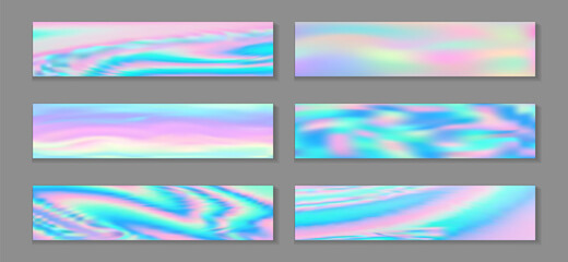 Fototapeta premium Neon holo cosmic flyer horizontal fluid gradient princess backgrounds vector set. Glitch holography