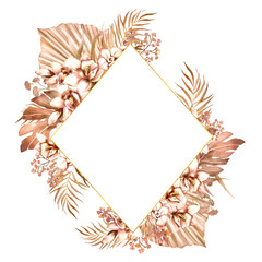 Boho style rhombus floral frame with dried palm leaves and orchids.