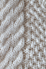 Background from beautiful, knitted background, Aran pattern, weave from braids. Concept handicrafts, DIY, leisure, fashionable warm clothes, hobbies. Top view, macro, close-up, flat lay. Vertical