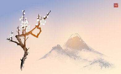 Blossoming branch of oriental sakura cherry and far blue mountains. Traditional Japanese ink wash painting sumi-e. Hieroglyph - cherry blossom