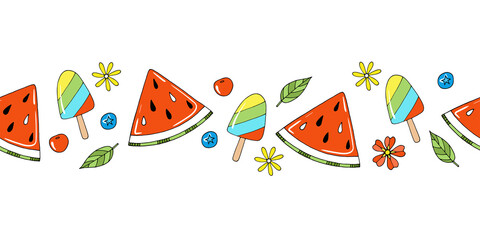 Summer horizontal vector border with cute watermelon, cherry, blueberries and ice cream. Hand drawn elements in doodle style on isolated white background