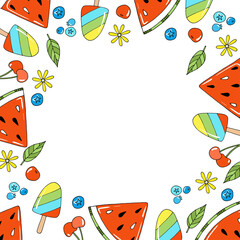 Cute vector frame with seasonal summer fruits, berries and ice cream. Hand drawn elements in doodle style on isolated white background for greeting cards, prints, posters