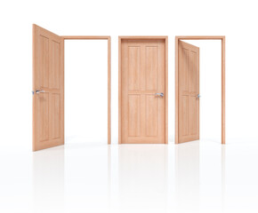 Set of wooden doors open and closed doors. 3d illustration