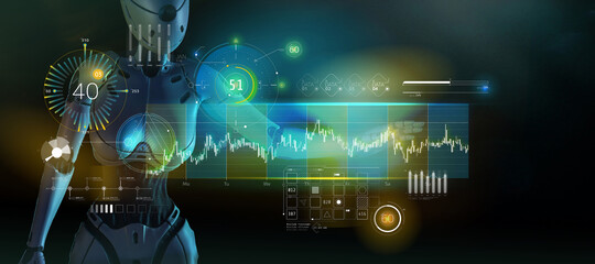 Obraz premium The robot works with stock data on a holographic panel.