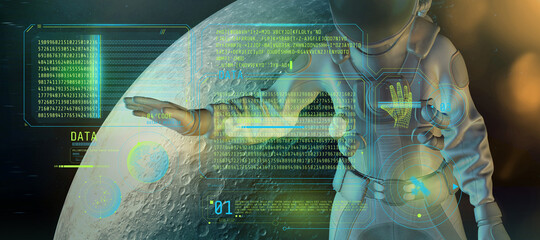 An astronaut examines an array of coded data.