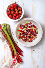 Cooking with fresh organic red rhubarb and strawberries on white wooden background. Baking a fruit crumble, pie or tart. Top view