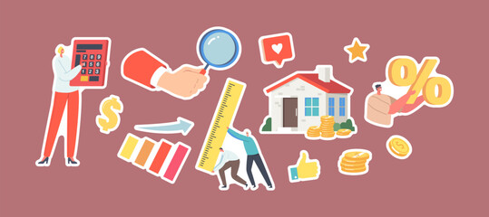 Set Stickers Property Value, Real Estate Appraisal Theme. Tiny Characters with Huge Calculator, Percent Symbol and Ruler