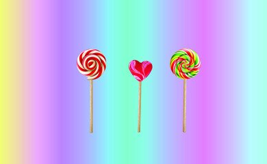 Three Colorful caramels on a stick on a rainbow background. A postcard or tag for a pastry shop.