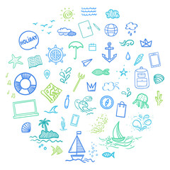 Hand drawn colored holiday elements in circle. Colorful picture. Summer holidays. Freehand signs and symbols