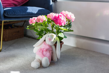 Composition with a bunny and a bouquet of flowers, hydrangea. Inside. Room.