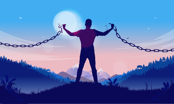 Independency - Silhouette of man breaking chains to become free and independent. Personal freedom concept. Vector illustration.