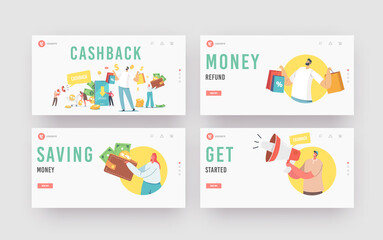 Cash Back Landing Page Template Set. Happy People Get Money Refund for Shopping and Purchasing in Store