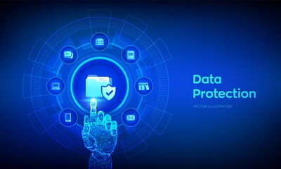 Data protection. Personal data security concept on virtual screen. Protected folder icon. Cyber security. Internet privacy and safety. Robotic hand touching digital interface. Vector illustration.