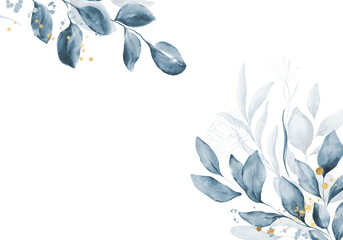 Pale blue leaves - botanical design banner. Floral pastel watercolor border frame.
