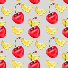 Seamless fruit pattern, watercolor hand drawing illustration. Red cherry and lemon on a gray background. Food design