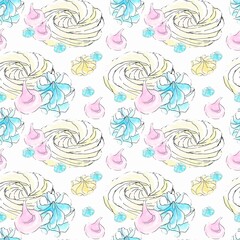 Seamless pattern sweet Dessert meringue on white background. Watercolor hand drawing illustration. Graphic resource, wall art