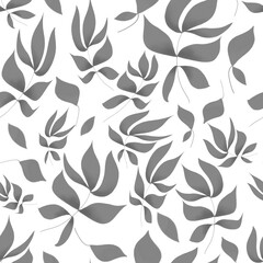 Seamless floral pattern, gray leaves on white background . Hand drawing illustration.