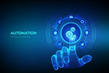 Automation Software. IOT and Automation concept as an innovation, improving productivity in technology and business processes. Wireframe hand touching digital interface. Vector illustration.
