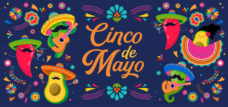 Cinco de Mayo - May 5, federal holiday in Mexico. Fun, cute characters as chilli pepper, avocado, cactus playing guitar, dancing and drinking tequila. 