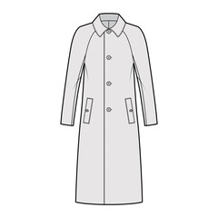 Balmacaan coat technical fashion illustration with raglan long sleeves, regular collar, oversized body, midi length. Flat jacket template front, grey color style. Women, men, unisex top CAD mockup © Vectoressa