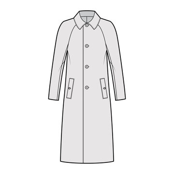 Balmacaan coat technical fashion illustration with raglan long sleeves, regular collar, oversized body, midi length. Flat jacket template front, grey color style. Women, men, unisex top CAD mockup