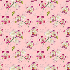 Obraz premium Seamless background with bright orchid flowers. Watercolor elements