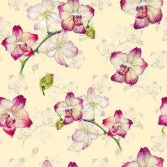 Tropical seamless pattern with flowers. Watercolor orchids
