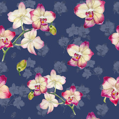 Tropical seamless pattern with flowers. Watercolor orchids