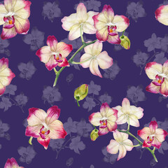 Bright seamless pattern with orchid flowers. Watercolor illustration